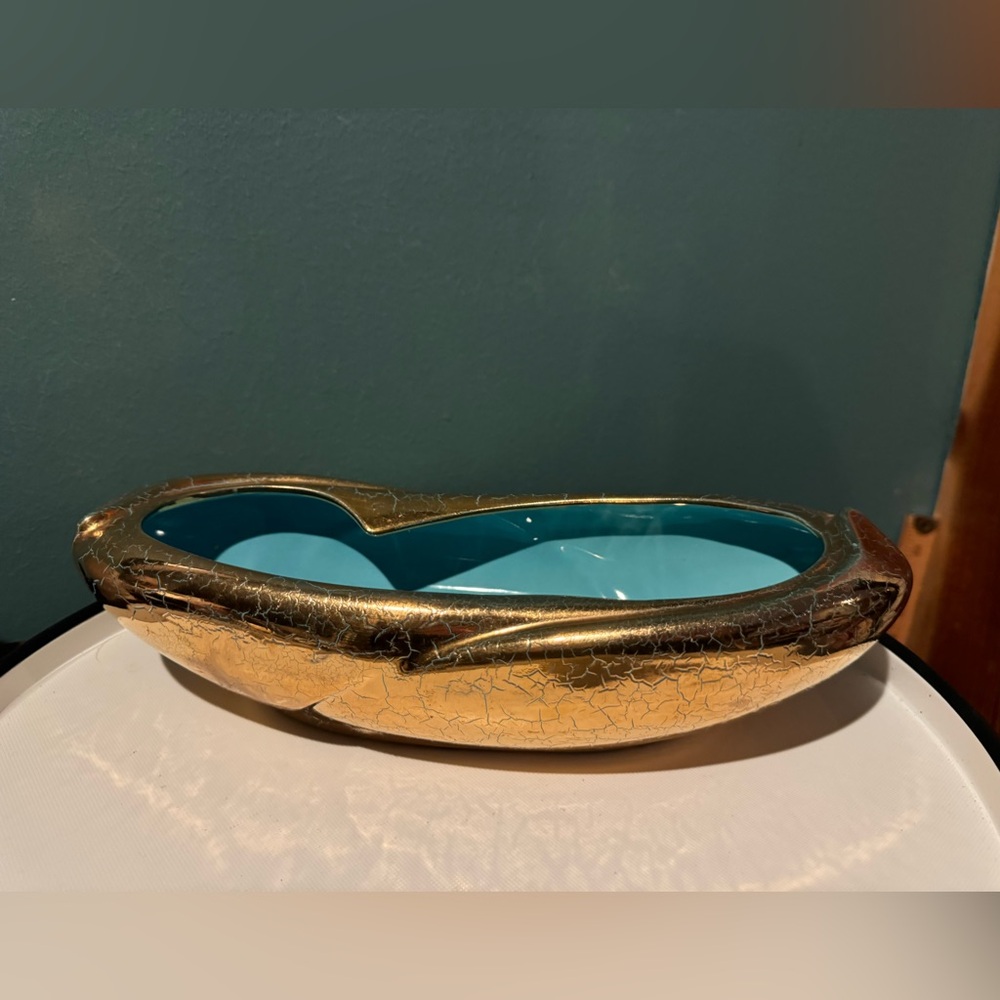 1950s MCM/Hollywood Regency Gold /Turquoise The Fosters California Pottery Bowl